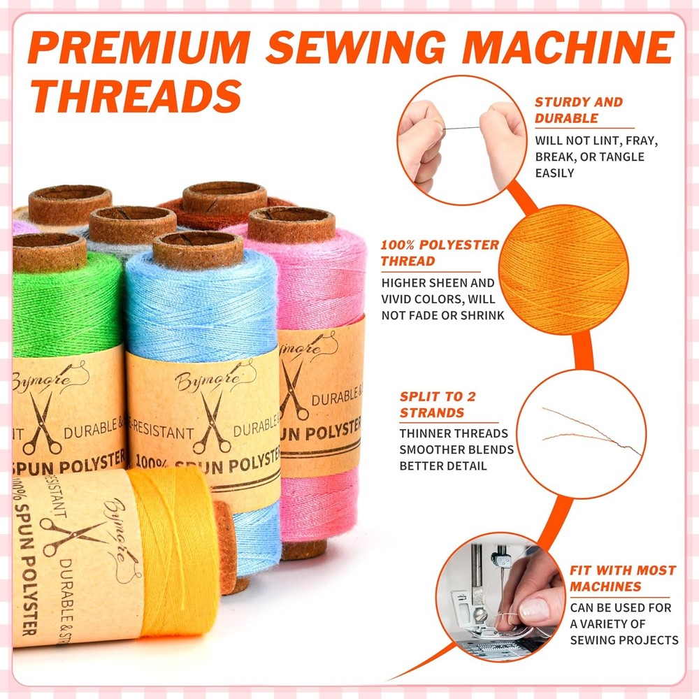 BYMORE 30 Pcs Sewing Thread Kit, 12 Colors 400 Yards per Polyester Thread Spools