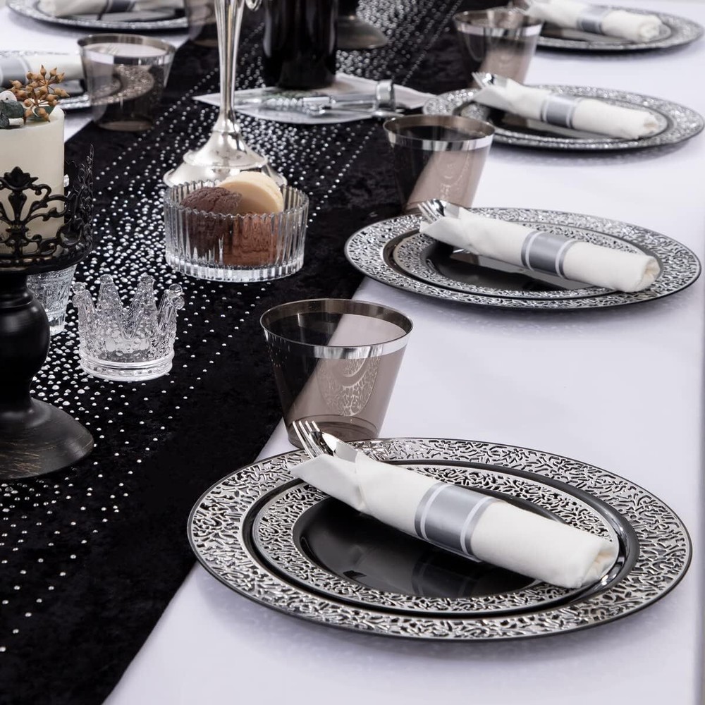 210 disposable black plastic plates with prepackaged silverware and cups
