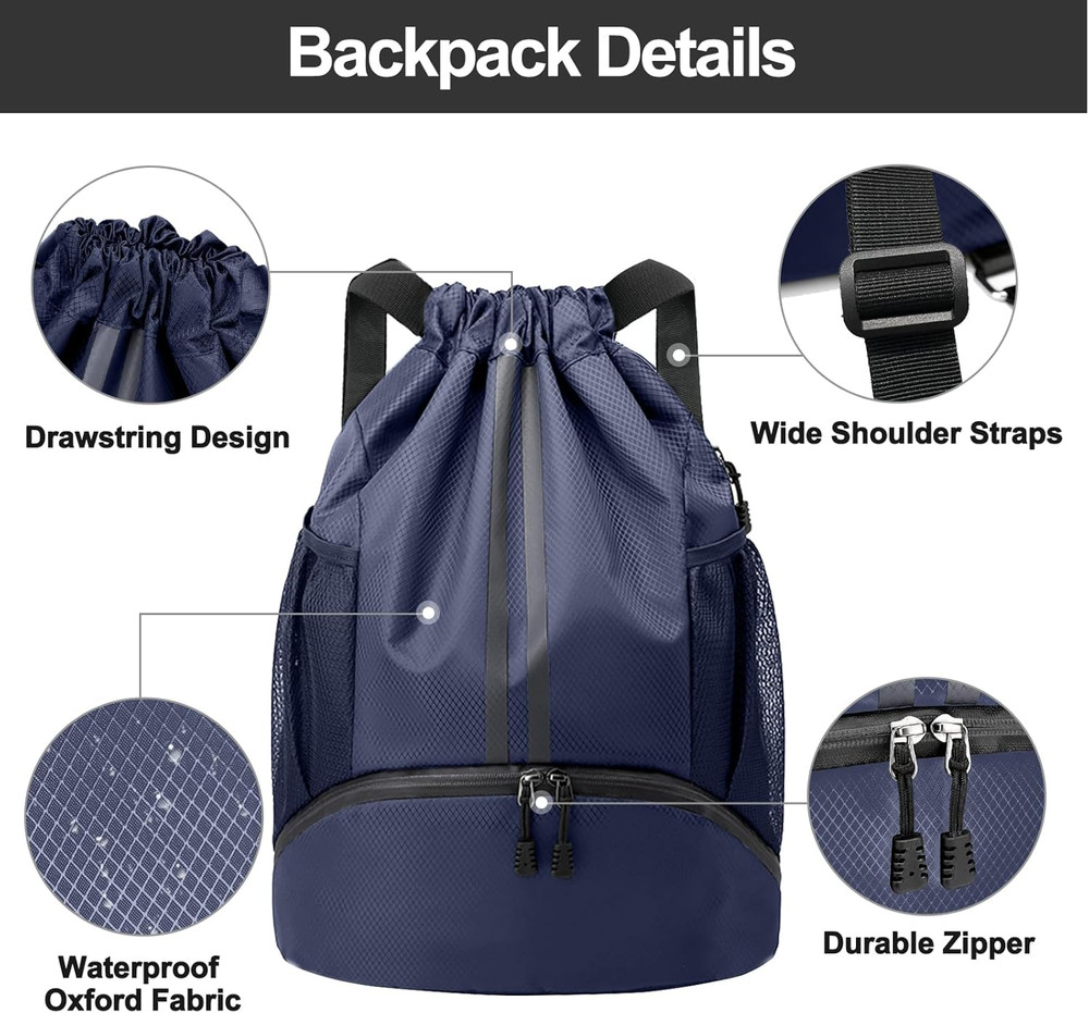 Large Black Gym Bag Bundle with Medium Navy Blue Sports Drawstring Backpack