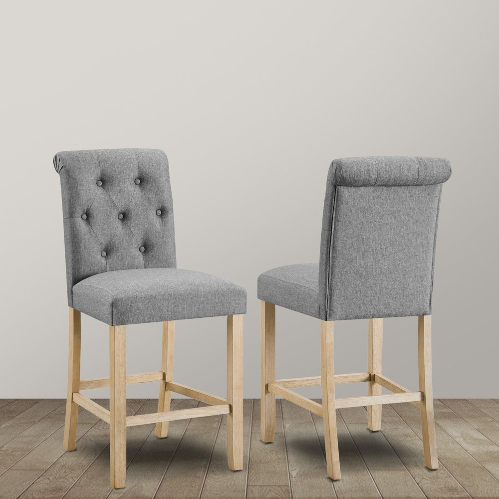 Counter Height Button Tufted Back Solid Wood Stools, Set of 2, Gray