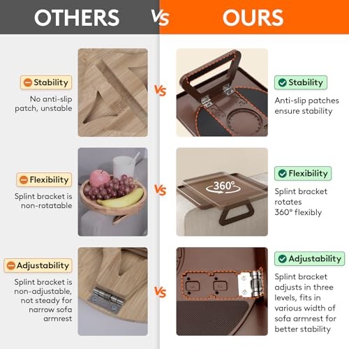 Plastic Rotating Couch Armrest Table, Adjustable Sofa Arm Clip Holder Brown