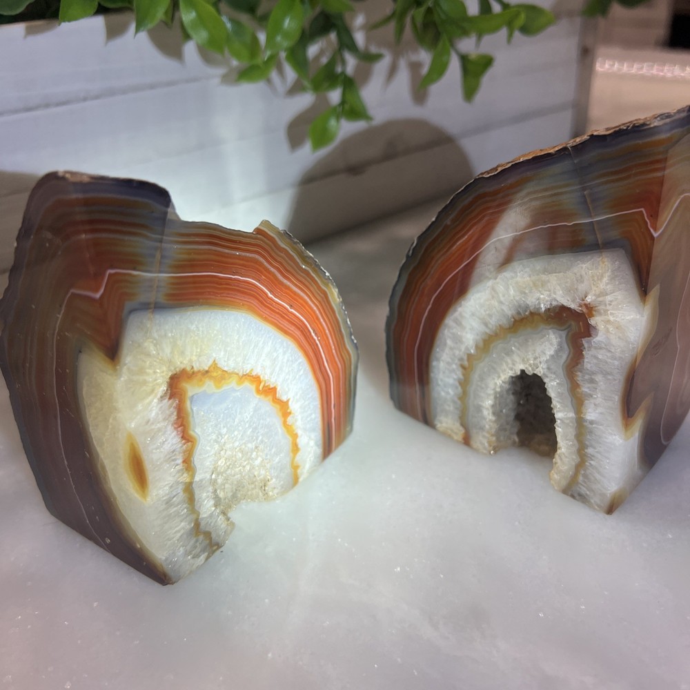 Vintage Agate Large Geode Rock Bookends Brown Rust White