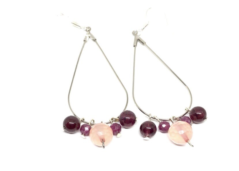 Ruby, Red Garnet, & Rose Quartz Genuine Stone Handmade Earrings