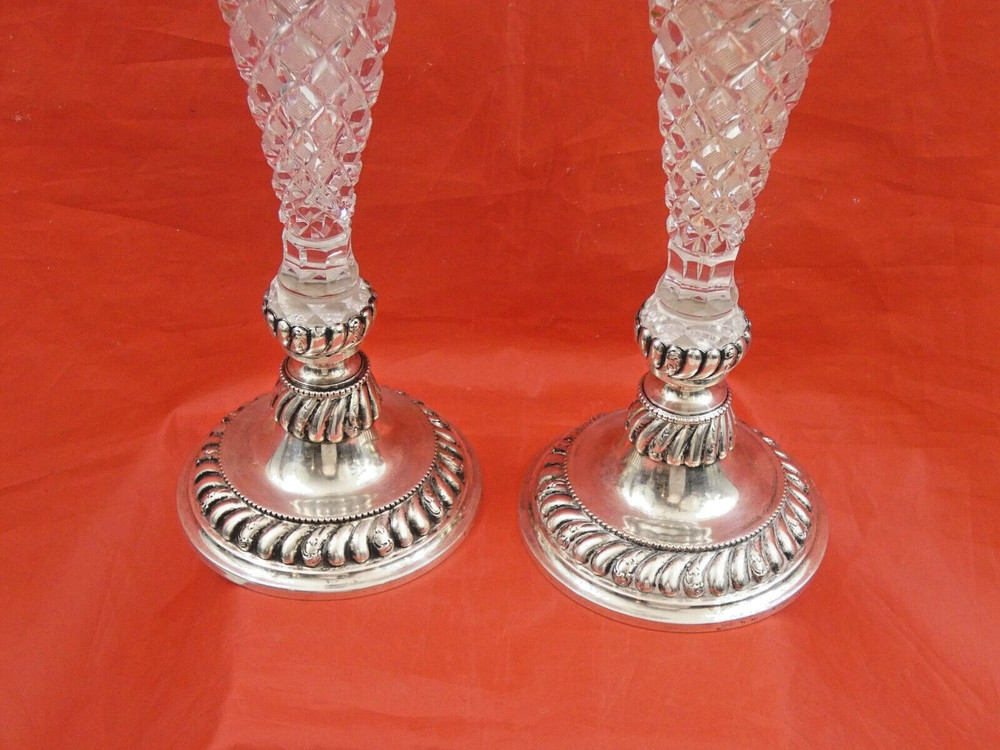 GORGEOUS ANTIQUE SILVER / CUT CRYSTAL PAIR CANDLESTICKS FINE QUALITY sterling