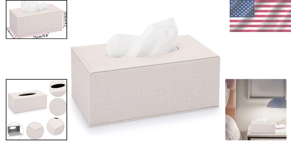 High-Quality Rectangular Tissue Box Holder - Magnetic Closure & Beige Fabric