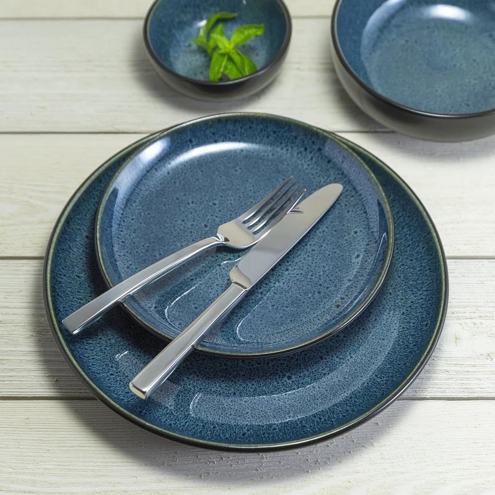 Sango 16-Piece Stoneware Dinnerware Set for 4, Glossy Black/Blue Big Dinner P...