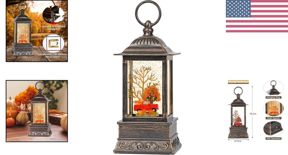 Charming Fall Snow Globe with Red Truck Lantern - 6H Timer & USB Powered