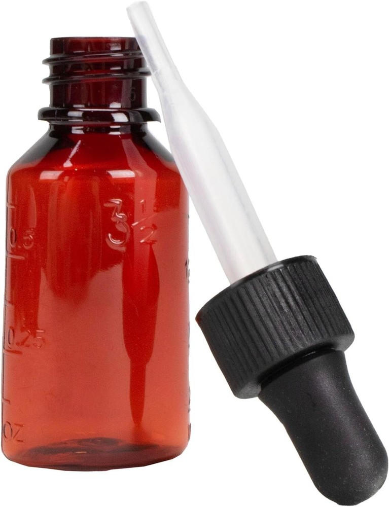 Amber Plastic Dropper Bottle, 1 oz, 12/Box
