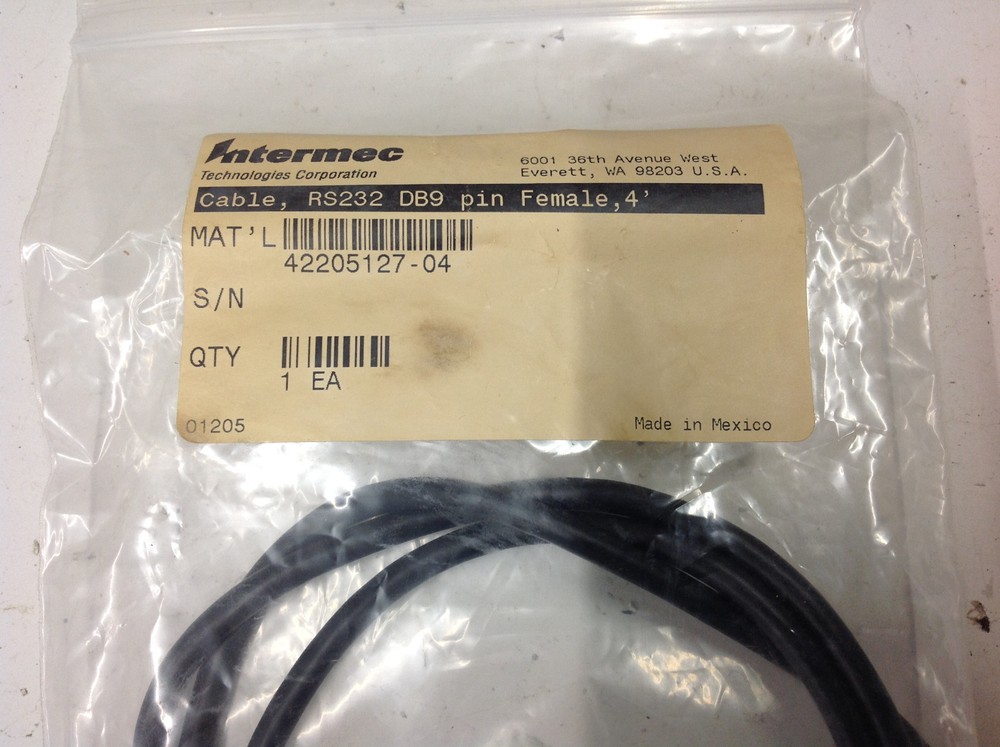 Intermec 42205127-04 Barcode Cable RS232 DB9 Pin Female 4'