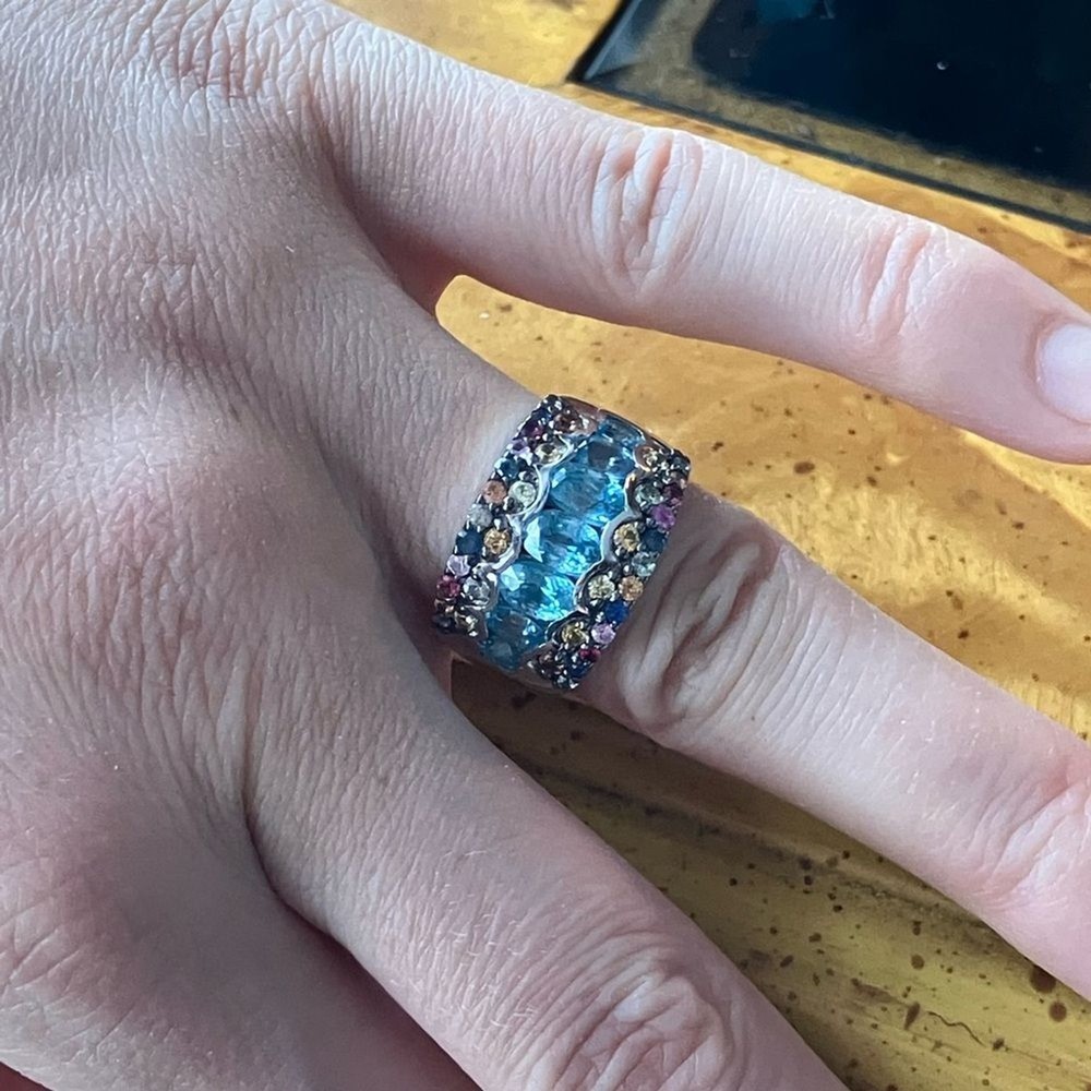 Blue Zircon Multicolor Sapphire Art Deco Ring Size 7