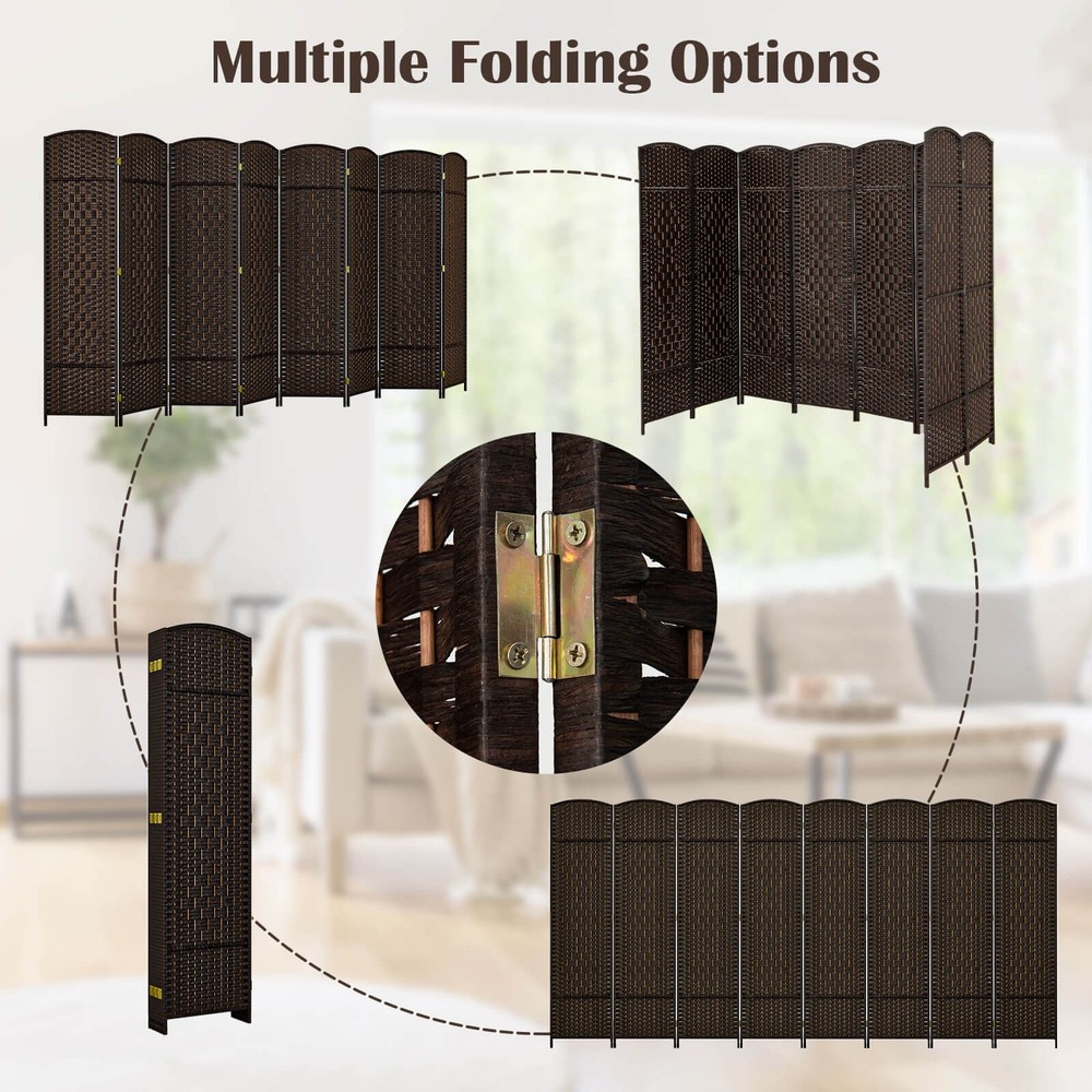 8-Panel Room Divider 6 FT Tall Folding Privacy Screen w/Solid Wood Frame