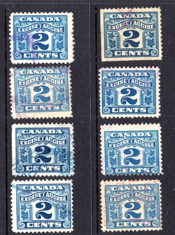 c.1915 Canada Excise 2c Blue Stamps x 8