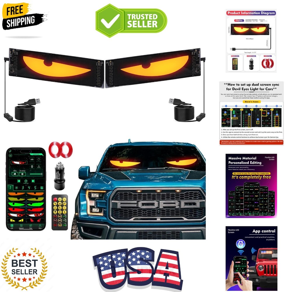 Devil's Eye 2-Pack: 19.3"x4.3" Dual LED Eyes – Perfect Sync Windshield Displa...