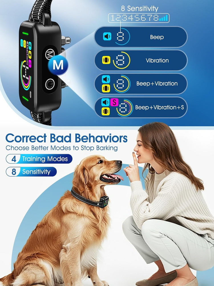 Smart Bark Collar - Rechargeable anti Barking Training Collar with 8 Adjustable