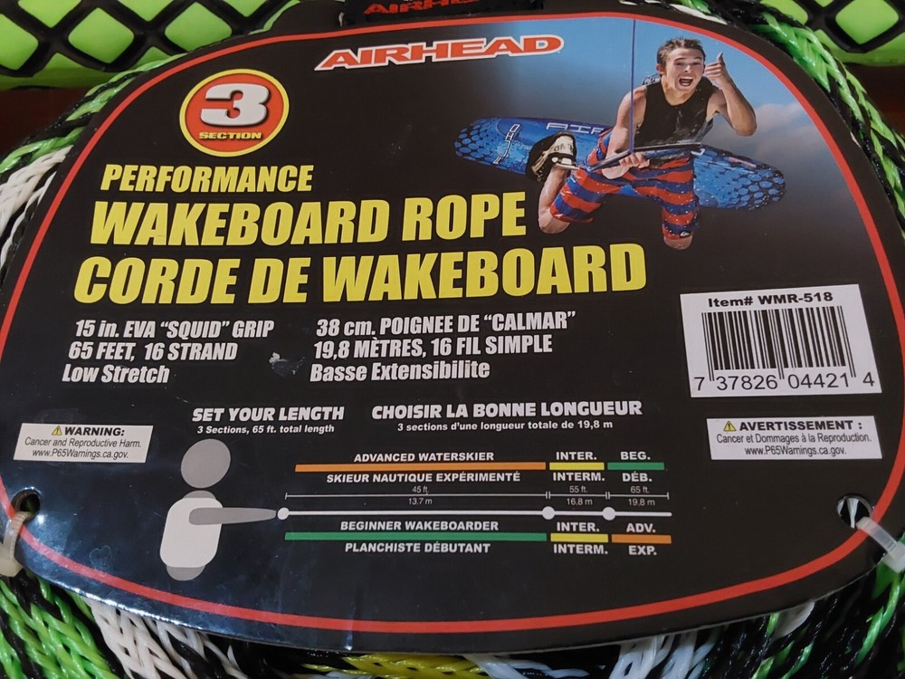 Airhead 3 Section Performance Wakeboard Rope Custom 65' - 15" Handle Low Stretch