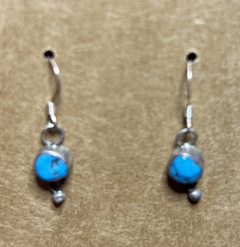 Sterling Silver Turquoise Raw Shape Surface Round Dangle Wire Earrings