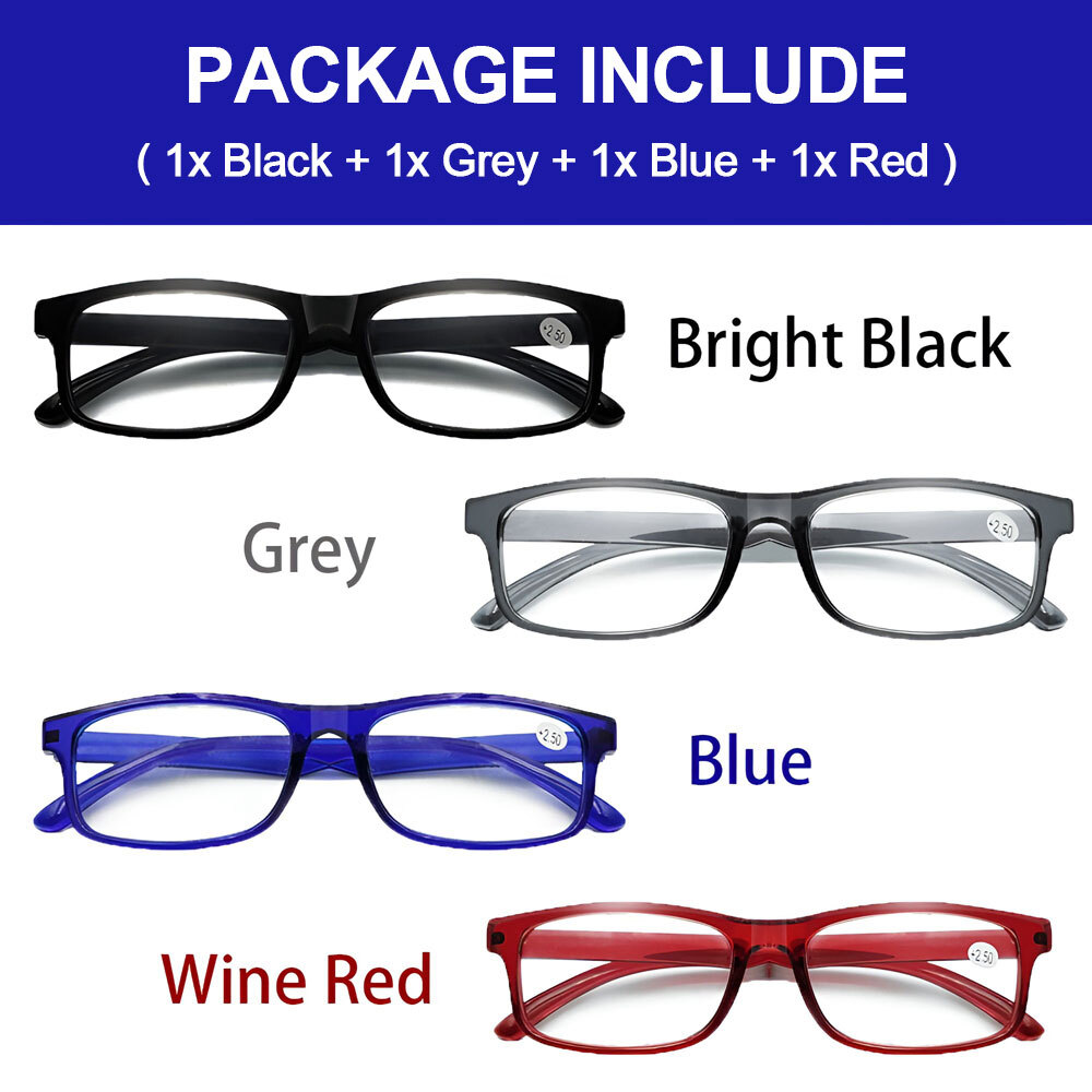 4 Pair Rectangular Spring Hinge Power Reading Reader Glasses For Mens Womens 1-3