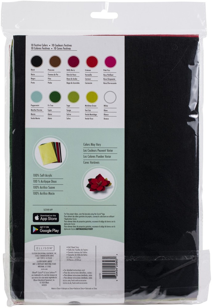 Sizzix Surfacez Felt Sheets 10/Pkg Festive Colors
