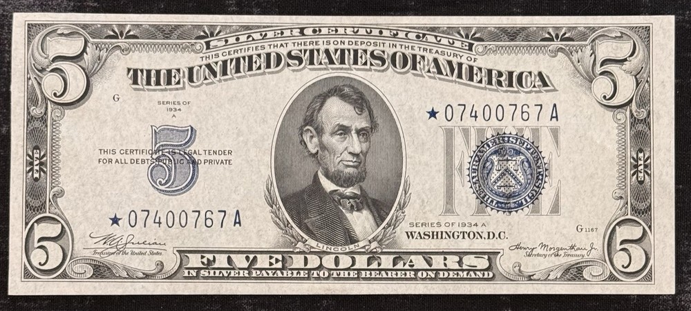 1934 A $5 Silver Certificate • STAR NOTE • Uncirculated */A Block