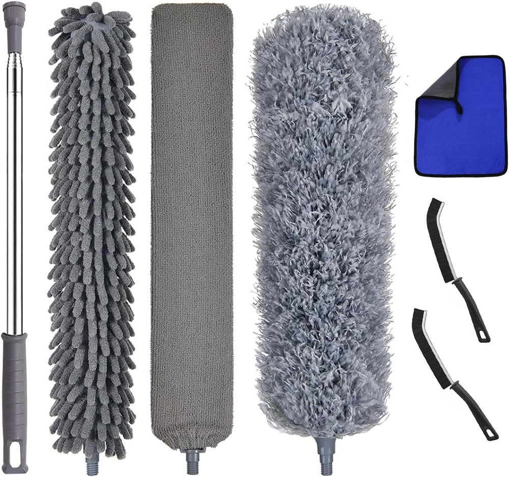 7 Pcs Microfiber Feather Duster Kit 100in Telescopic Pole Extendable