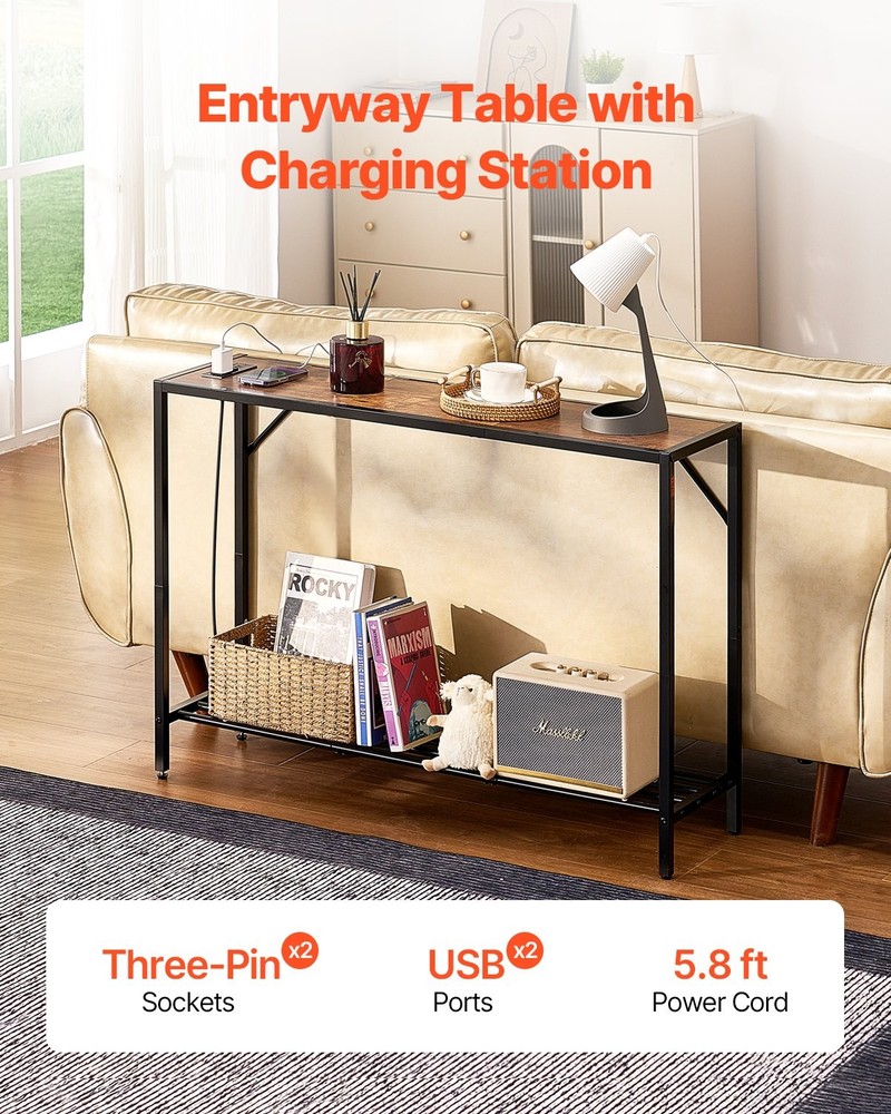 [New]Narrow Console Table, 41.7" Behind Couch Table with Power Outlets, 2-Tier L