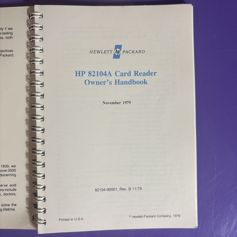 Hewlett-Packard 82104A card reader owners handbook and quick reference card.