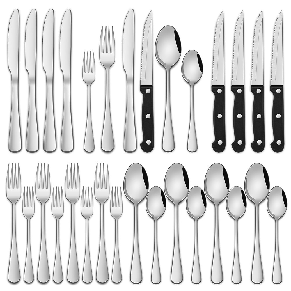 24-Piece Silverware Set with Steak Knives,Flatware 24-Pieces, Silver