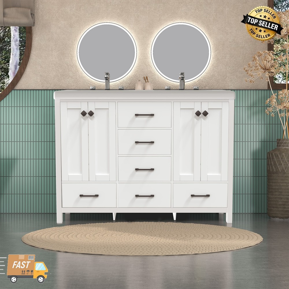 Modern 47.3" Bathroom Vanity Cabinet Double Ceramic Sinks Freestanding Storage