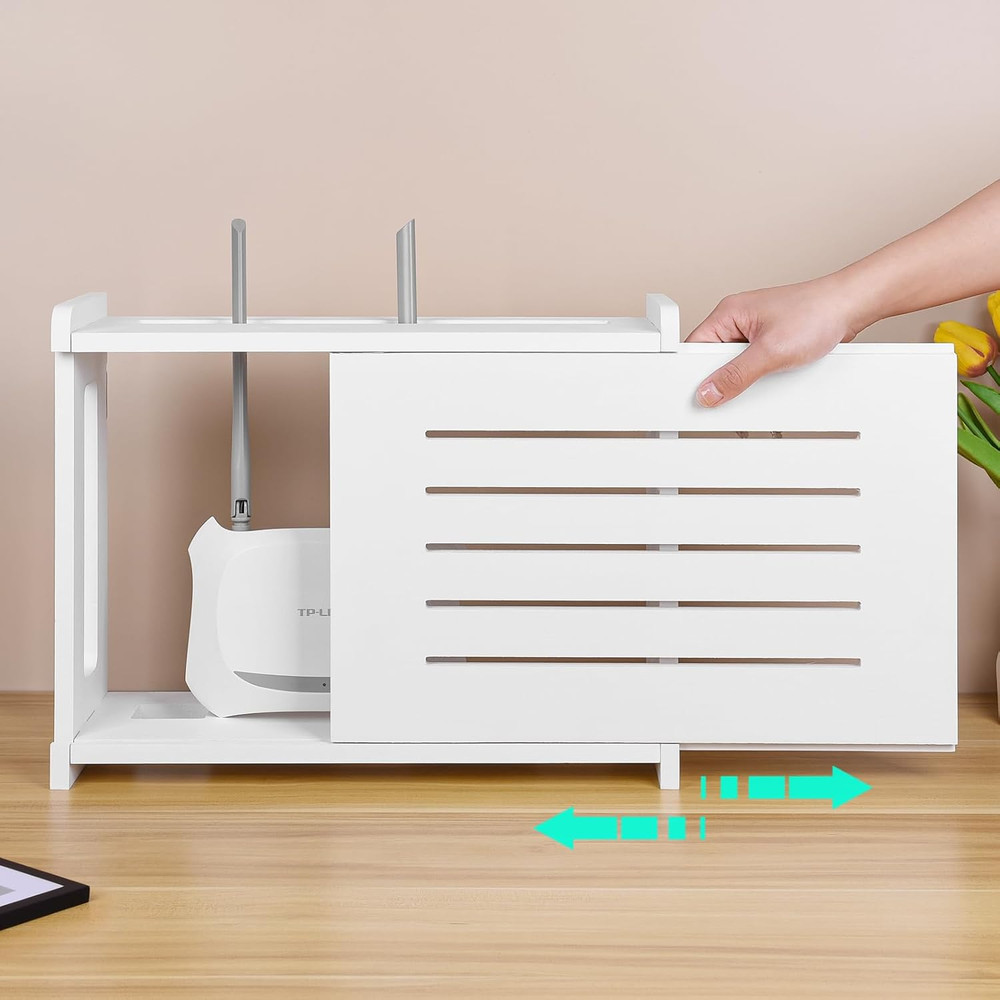 Wall-Mounted Router Shelf with Cable Management - Solid Wood, White Finish