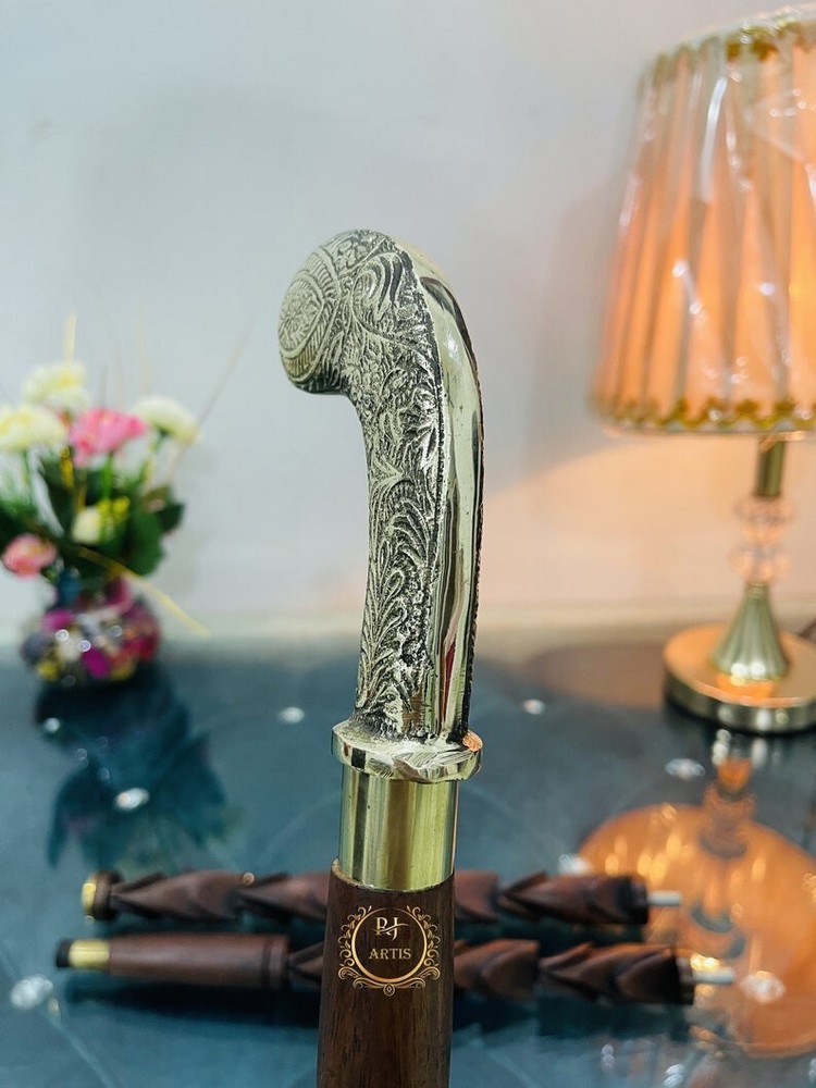 Solid Brass Designer Embossed Head Handle Brown Engraved Wooden Walking Stick