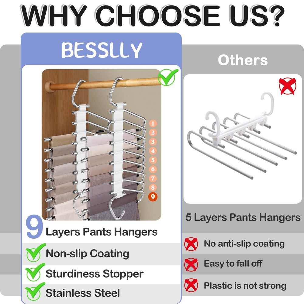 Upgrade 9 Layers Pants Hangers Space Saving, 2 Pack Multifunctional Pants Rac...