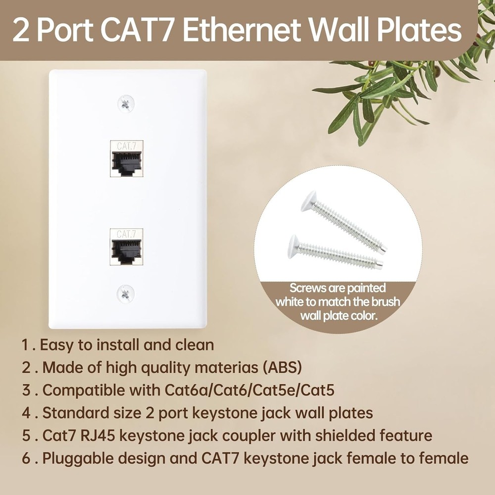3-Pack CAT7 Ethernet Wall Plate 2 Port RJ45 2 (3-Pack), White