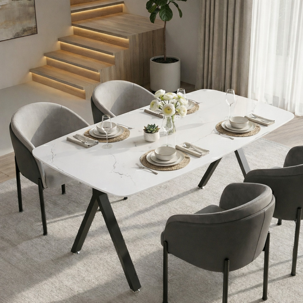 Rectangular dining table featuring a tempered glass tabletop a marble-patterne