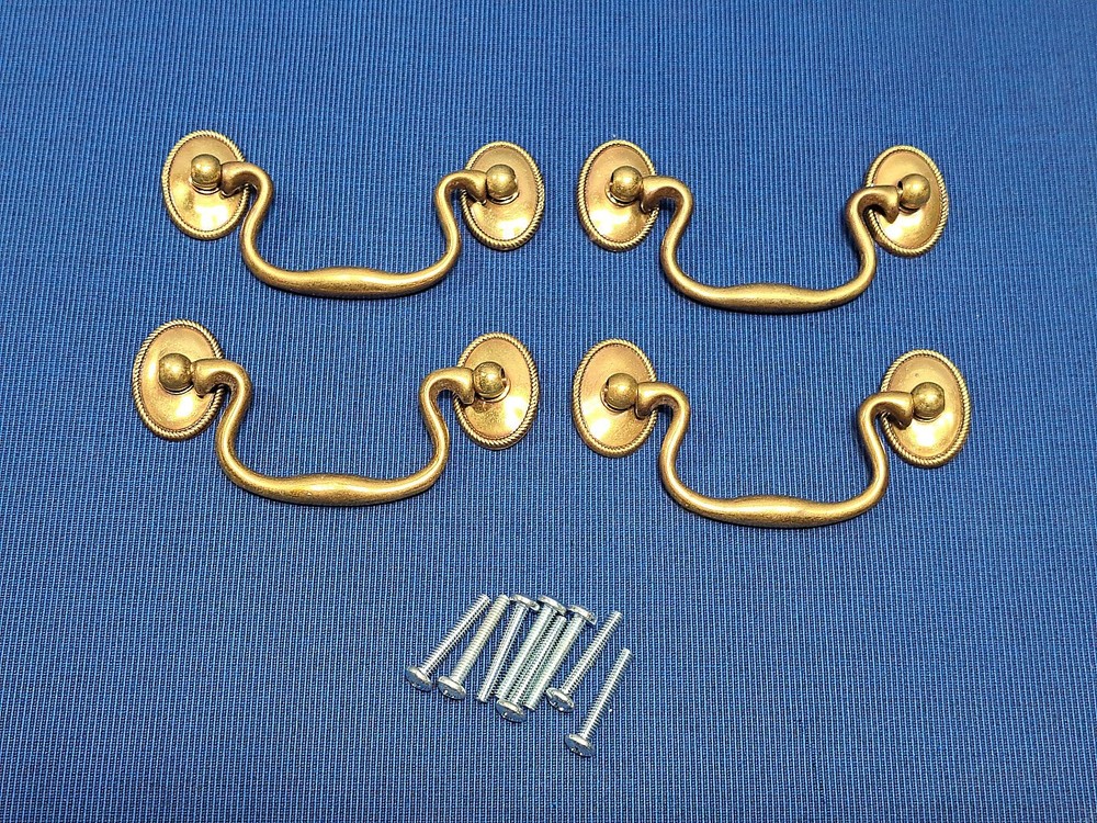 4 Solid Brass Drop Bail Drawer Pulls With Screws 3" Centers