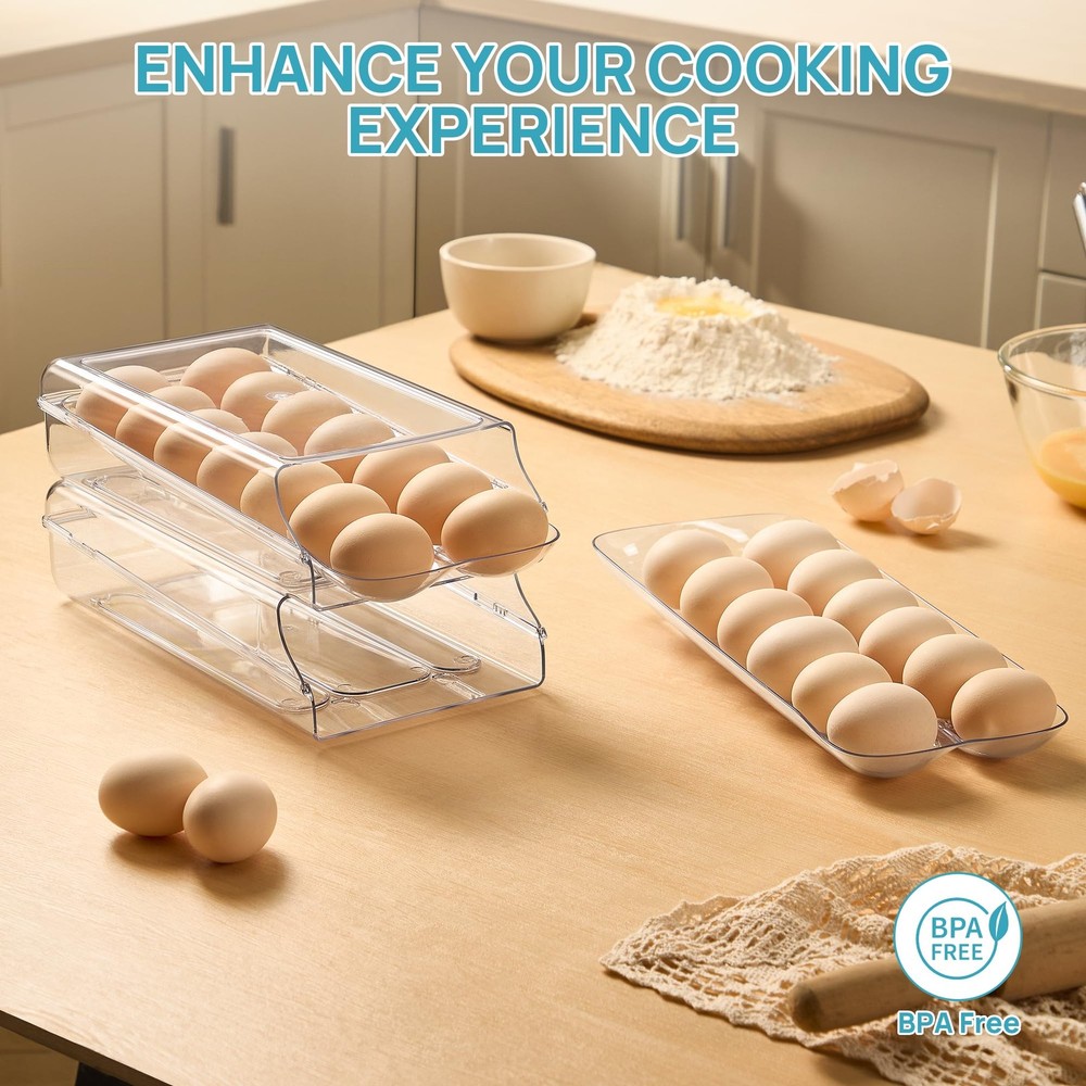Clear Plastic Egg Holder for Fridge, Automatic Rolling Egg Container for Refr...