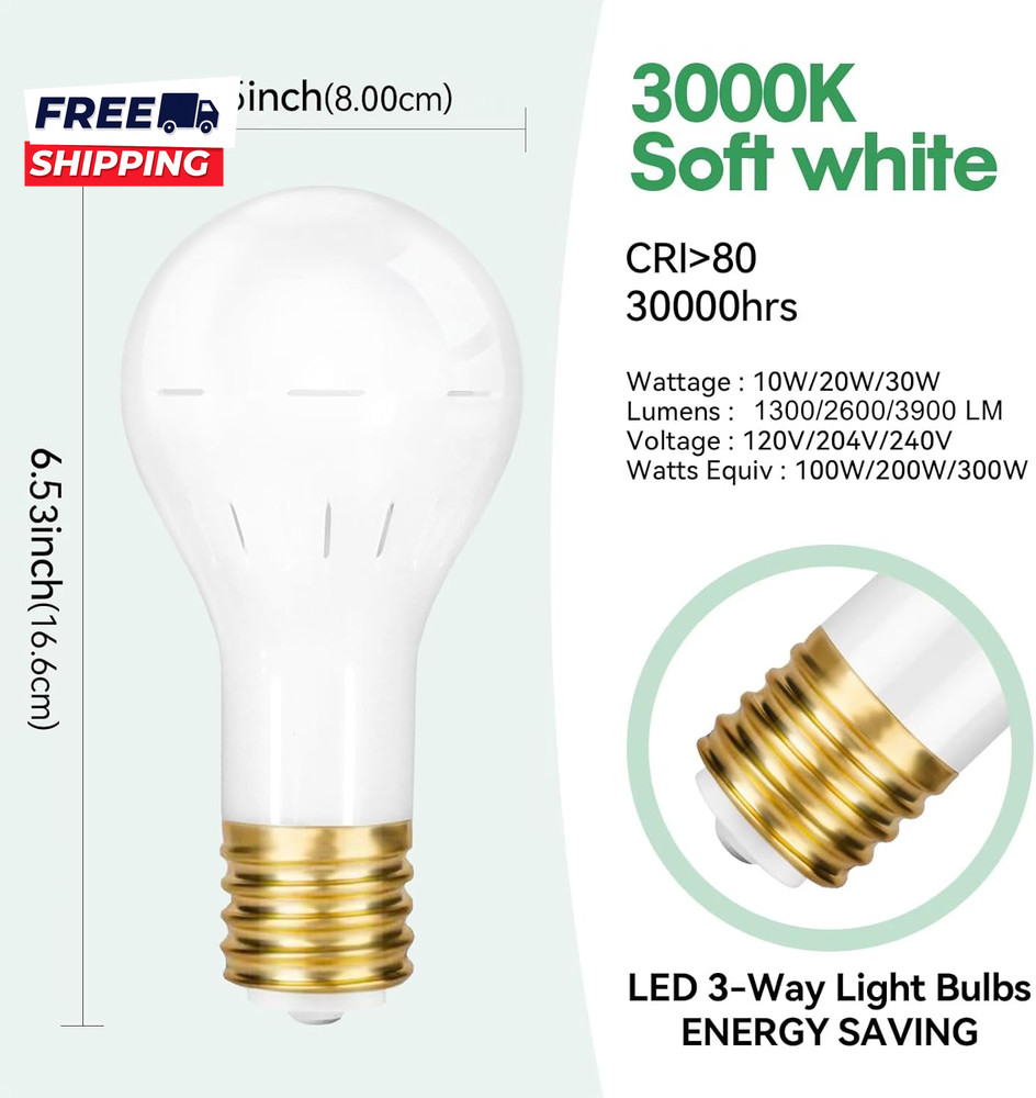 2-Pack Mogul Base 3 Way LED Light Bulb 10/20/30W, 100/200/300 Watt Equivalent