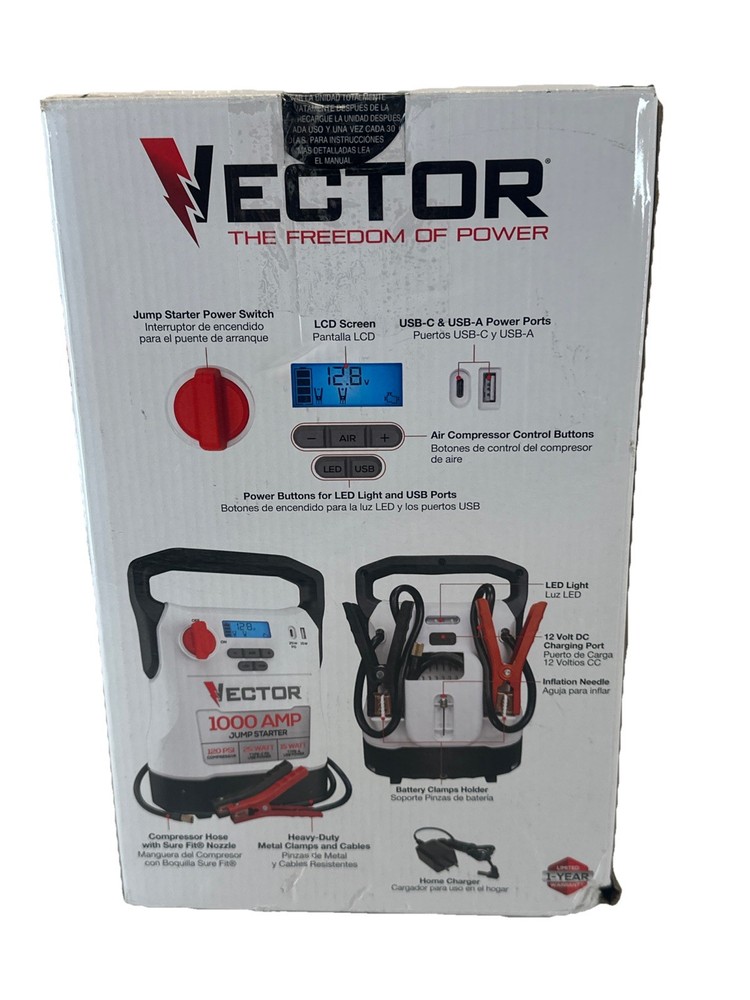 VECTOR 1000 Amp Jump Starter Compressor USB Power Outlets And LED Light VECJ1C