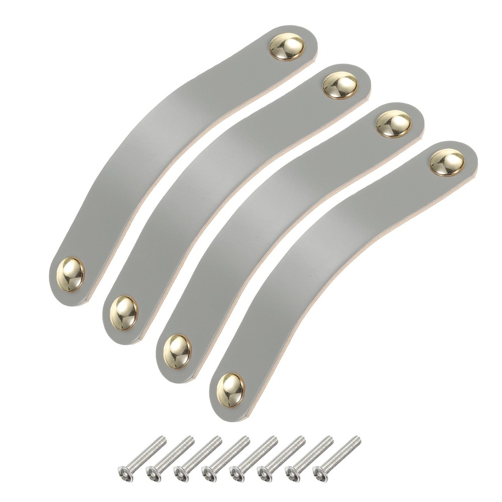 4 Packs Leather Drawer Pulls Double Hole Knobs, Grey/Gold(Hole Spacing:128mm)