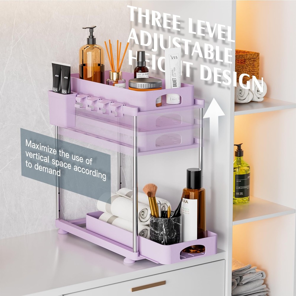Under Sink Organizer - 2 Pack Adjustable Height, 2 Tier Organizers for Bathro...