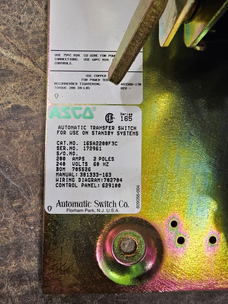 ASCO TRANSFER PANEL 165 SERIES 165A2200F3C TRANSFER SWITCH