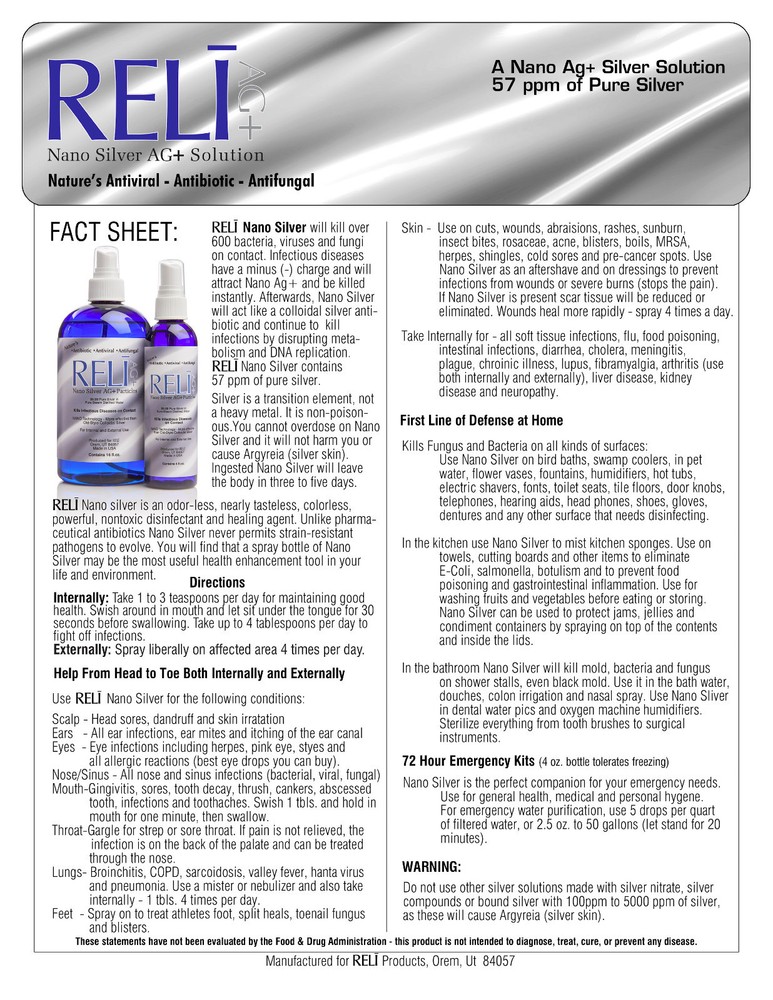 RELI NANO SILVER AG+ SOLUTION, 57 PPM, 1-16 oz Bottle