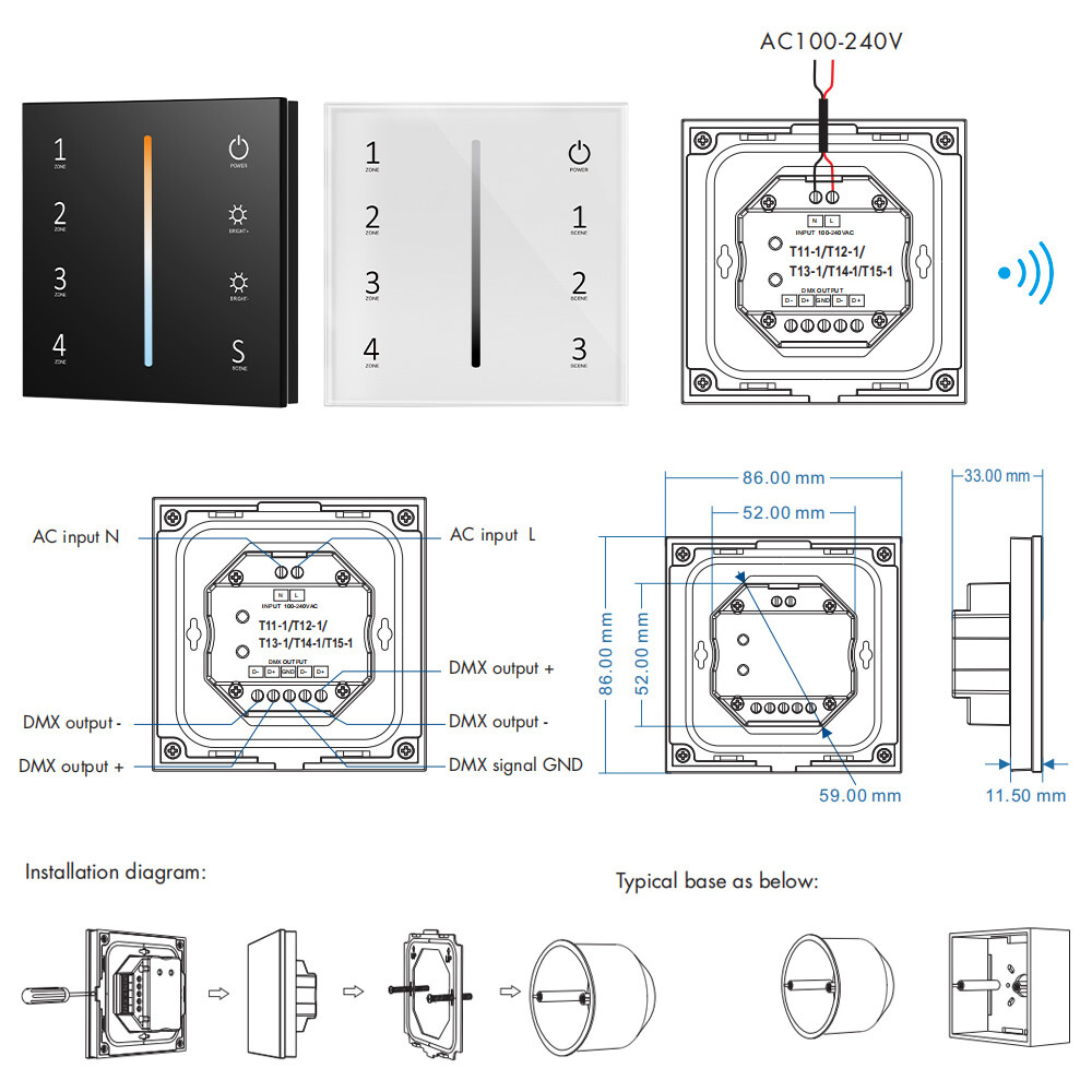 WT1 LED Controller 12-24V 4Zone Wall Touch Panel Dimmer Wireless Wifi RF Remote
