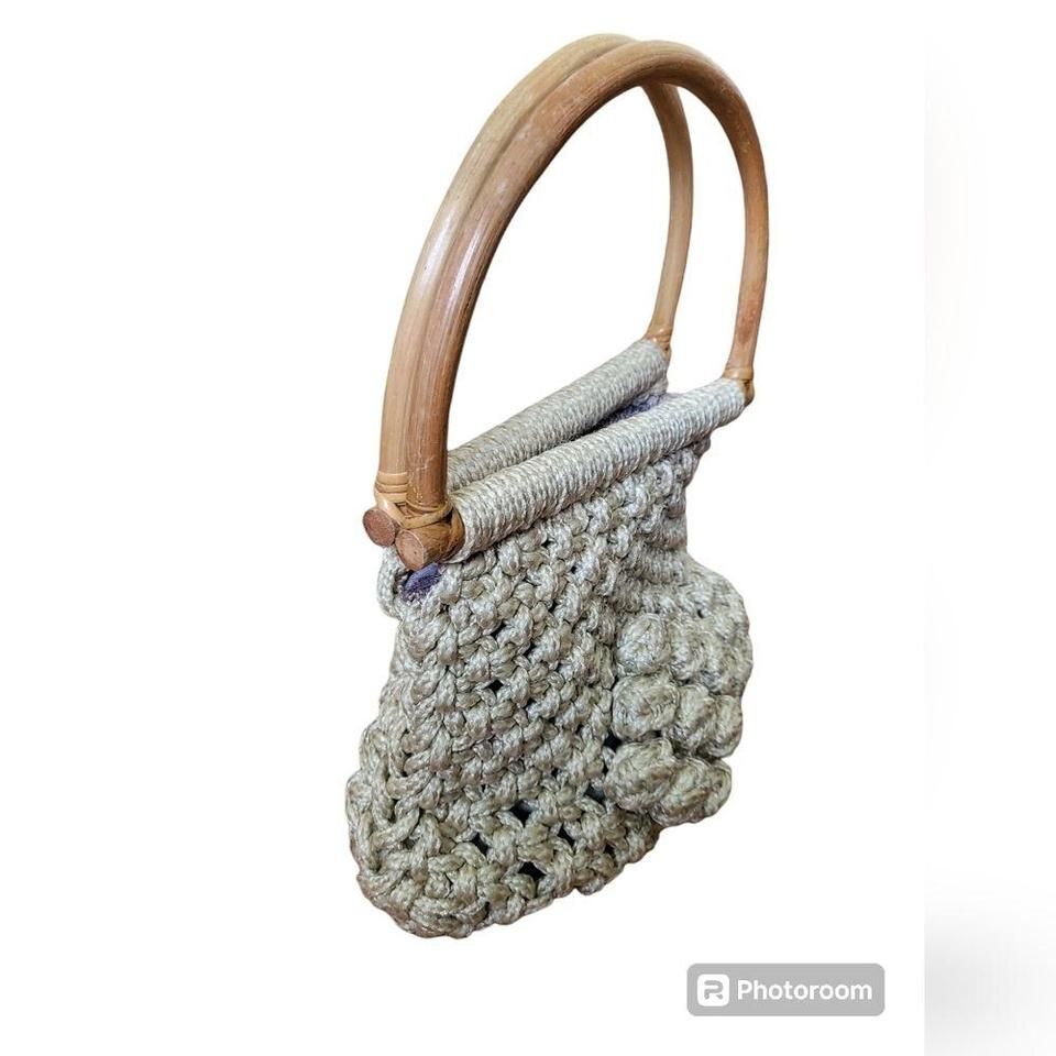 Vintage macrame purse with wooden handle