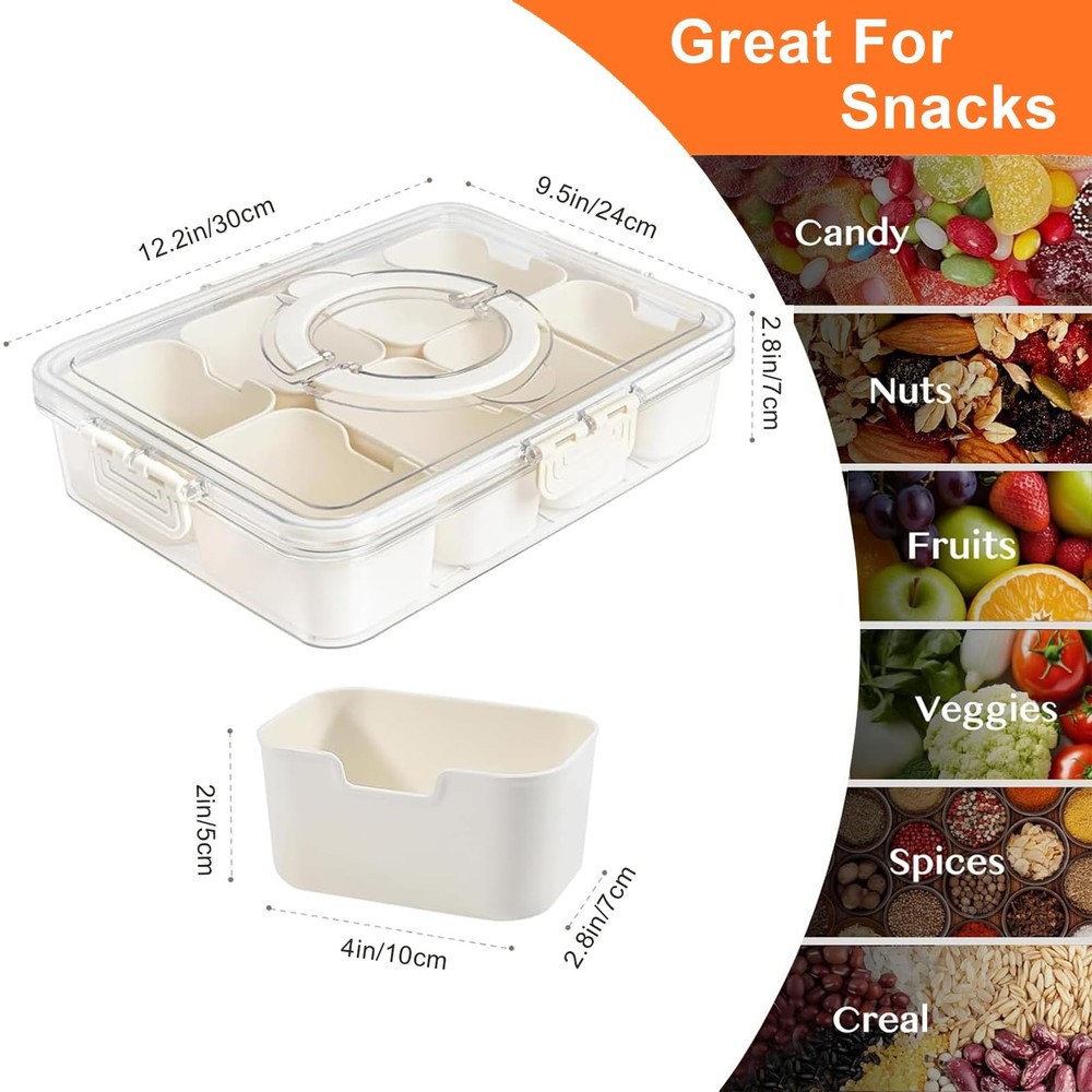 Snackle Box Container, Divided Serving Tray with Lid 8 Compartments, white
