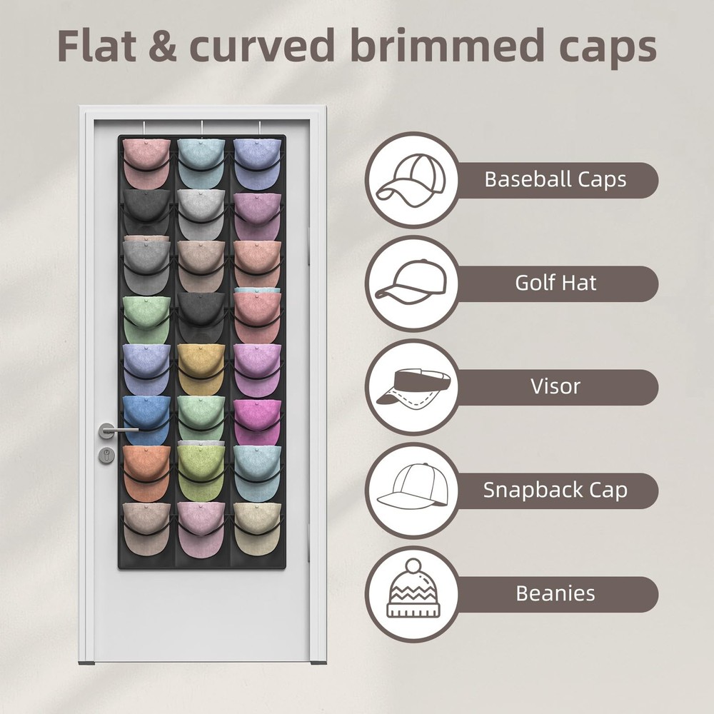 Hat Organizer Racks for Baseball Caps, 24 Deeper Pockets Baseball Hat Rack, C...