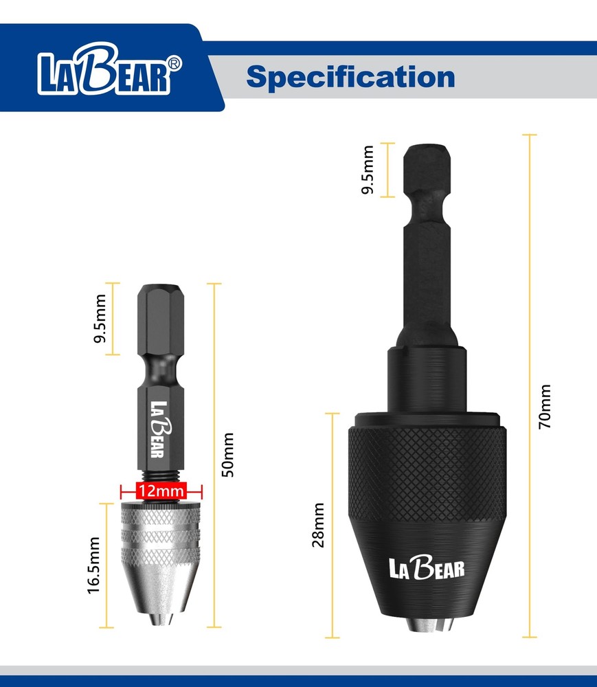 LABEAR - Drill Chuck Keyless Mini Adapter ¼ Inch Hex Shank | 0.3-3.2mm Capaci...
