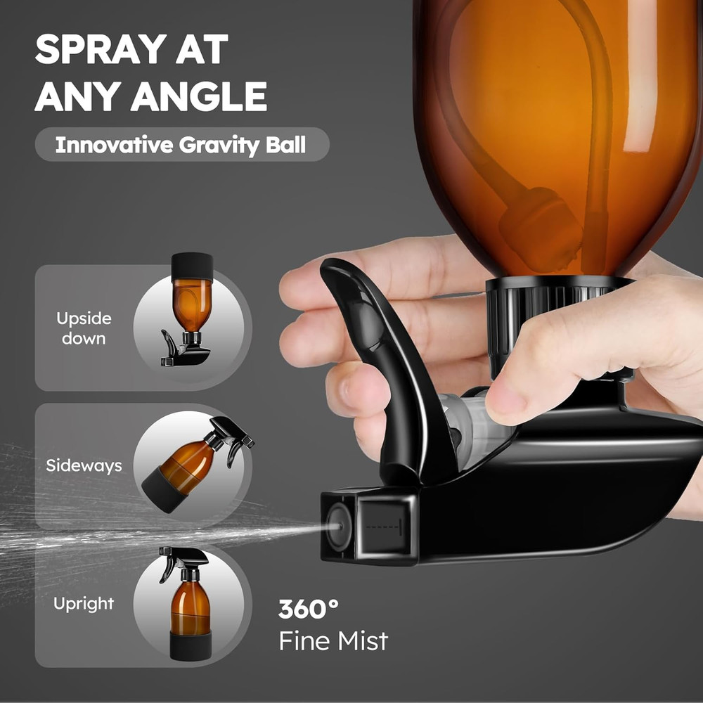 2 Pack 360° Amber Glass Spray Bottles with Silicone Sleeve, 8 Oz Empty Refillabl
