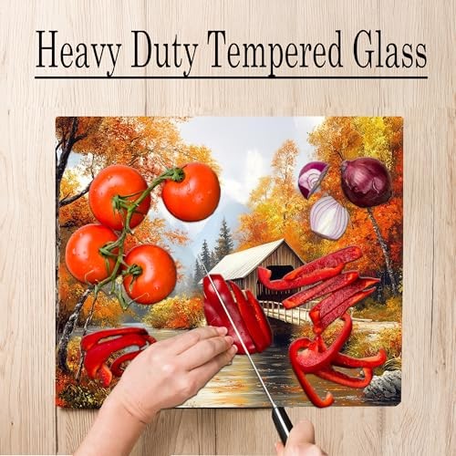 Fall Season Covered Bridge Pattern Kitchen Glass Cutting Board Decorative Mot...