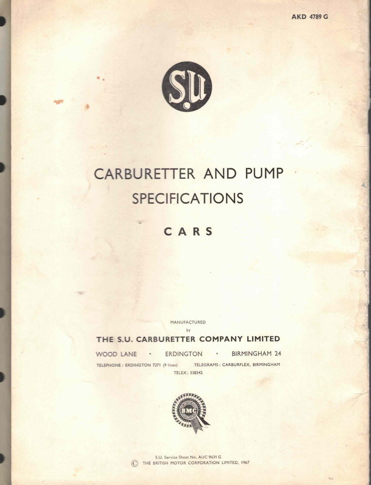 SU TYPE H CARBURETTER INSTRUCTION GUIDES + PUMP SPECIFICATIONS.