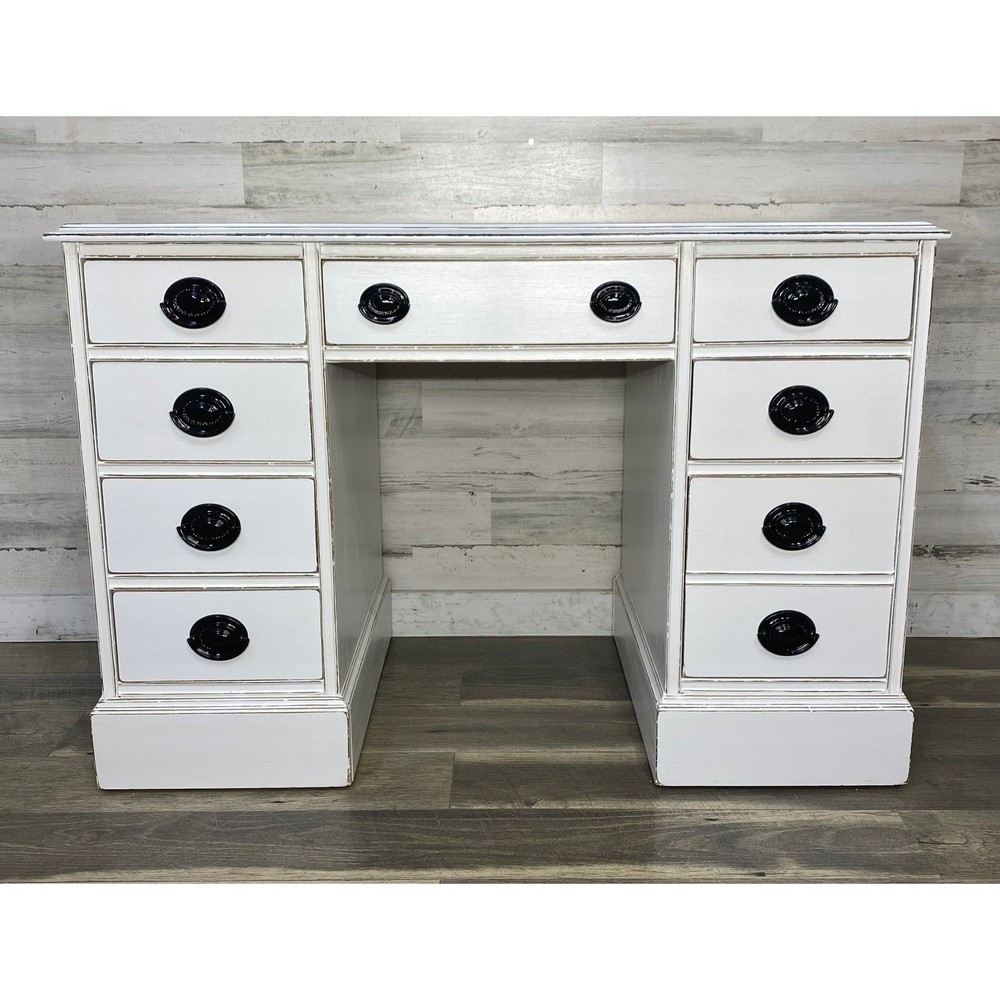 White Vintage Desk Refinished Black Hardware Sturdy